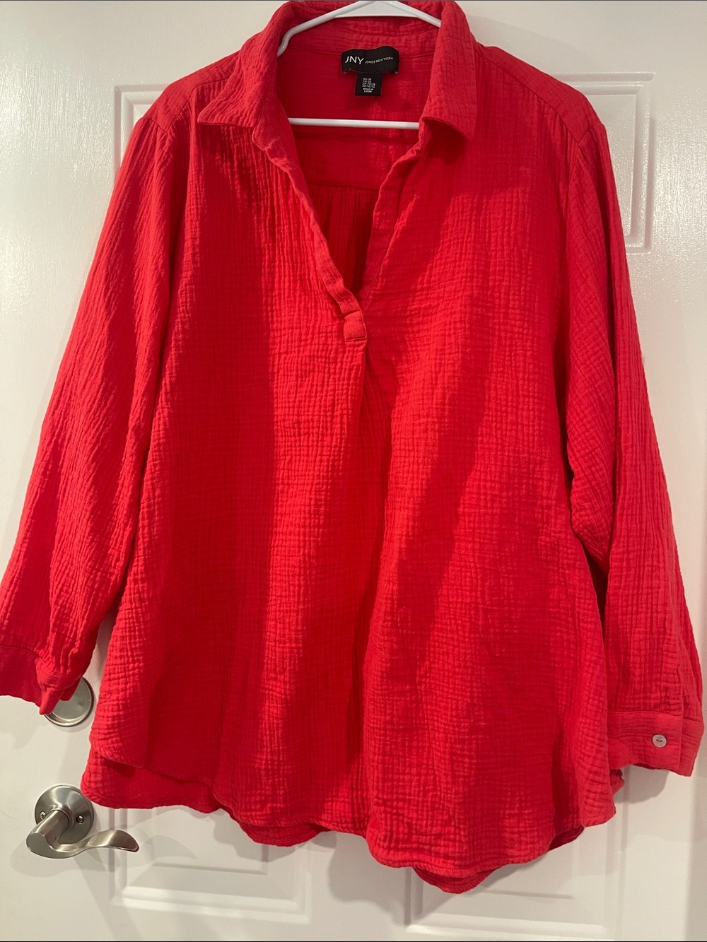 NY Collection Red Crinkled Button-Down Tunic Shirt